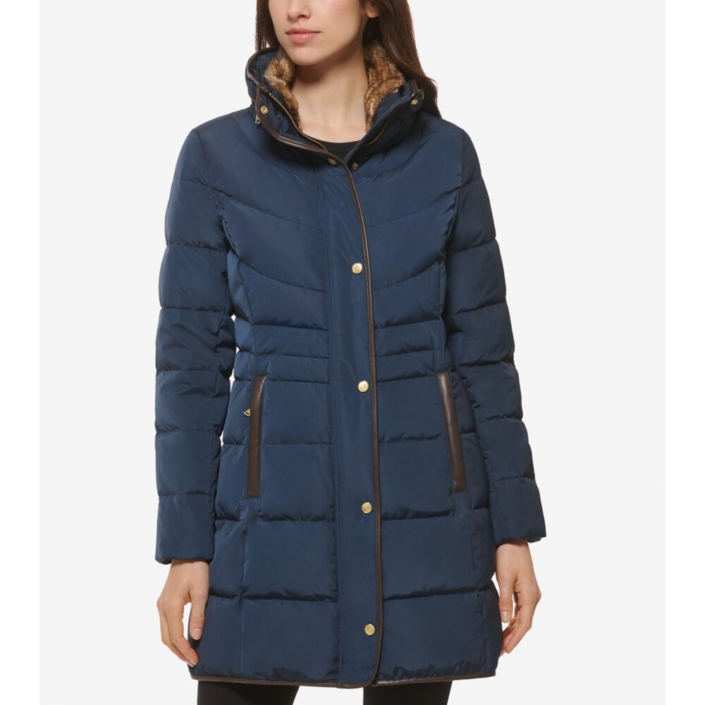 Cole Haan Signature Womens Navy Down Coat W/ Faux Fur & Leather Trim Small